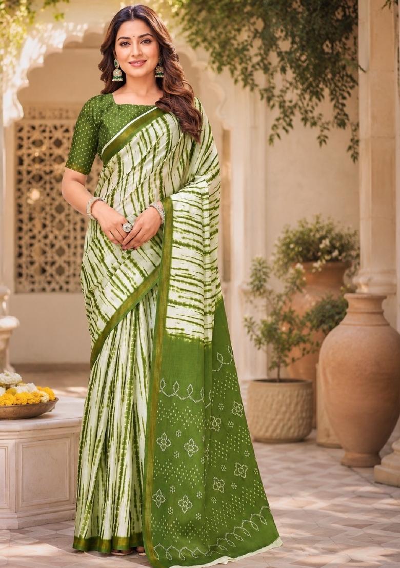White Printed Linen Saree Set - Indya