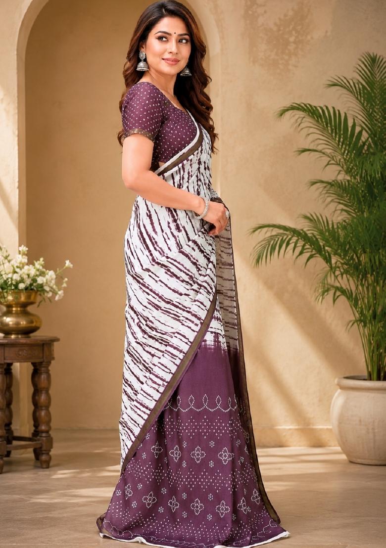 White Printed Linen Saree Set - Indya