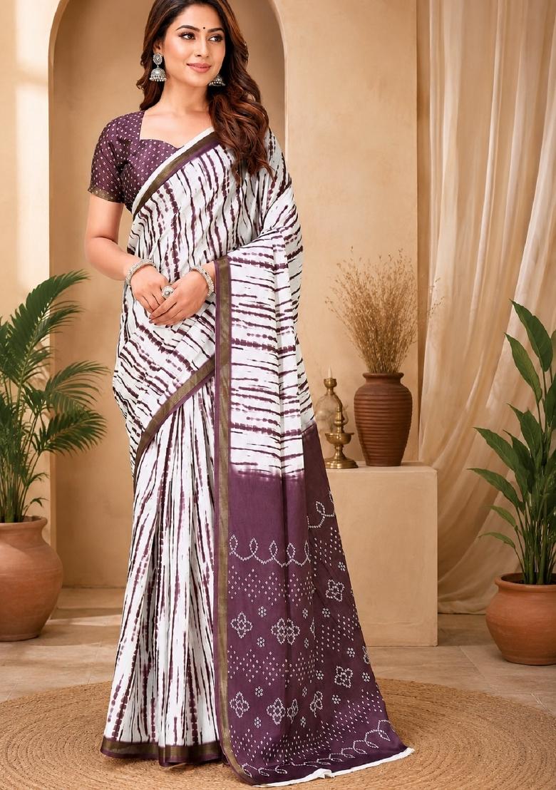 White Printed Linen Saree Set - Indya