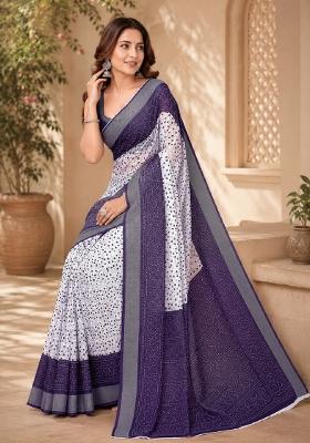 White Printed Linen Saree Set