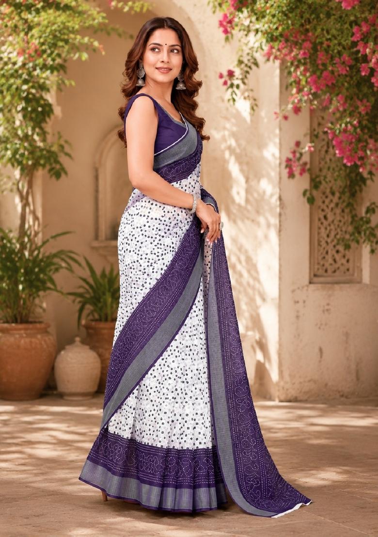 White Printed Linen Saree Set - Indya