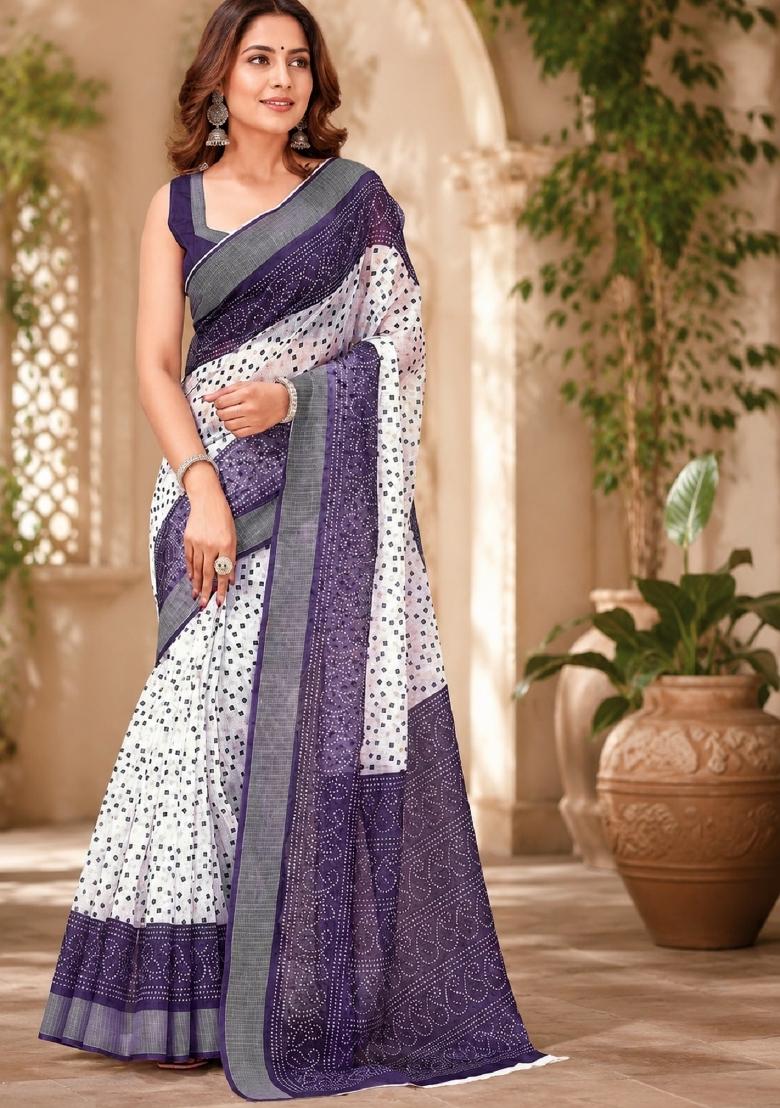 White Printed Linen Saree Set - Indya