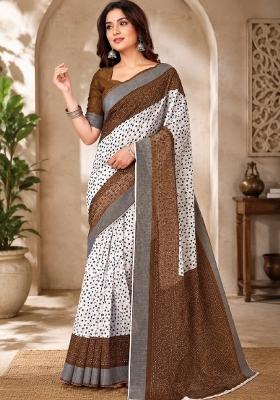 White Printed Linen Saree Set