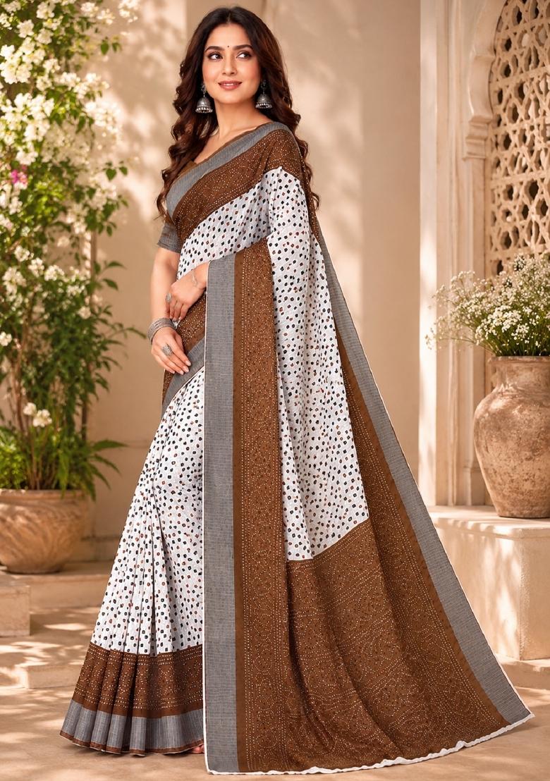 White Printed Linen Saree Set - Indya