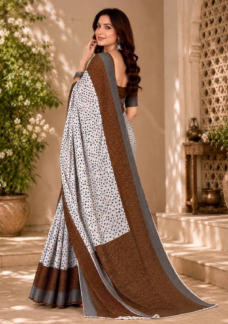 White Printed Linen Saree Set - Indya