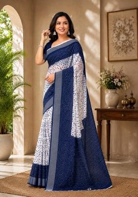 White Printed Linen Saree Set