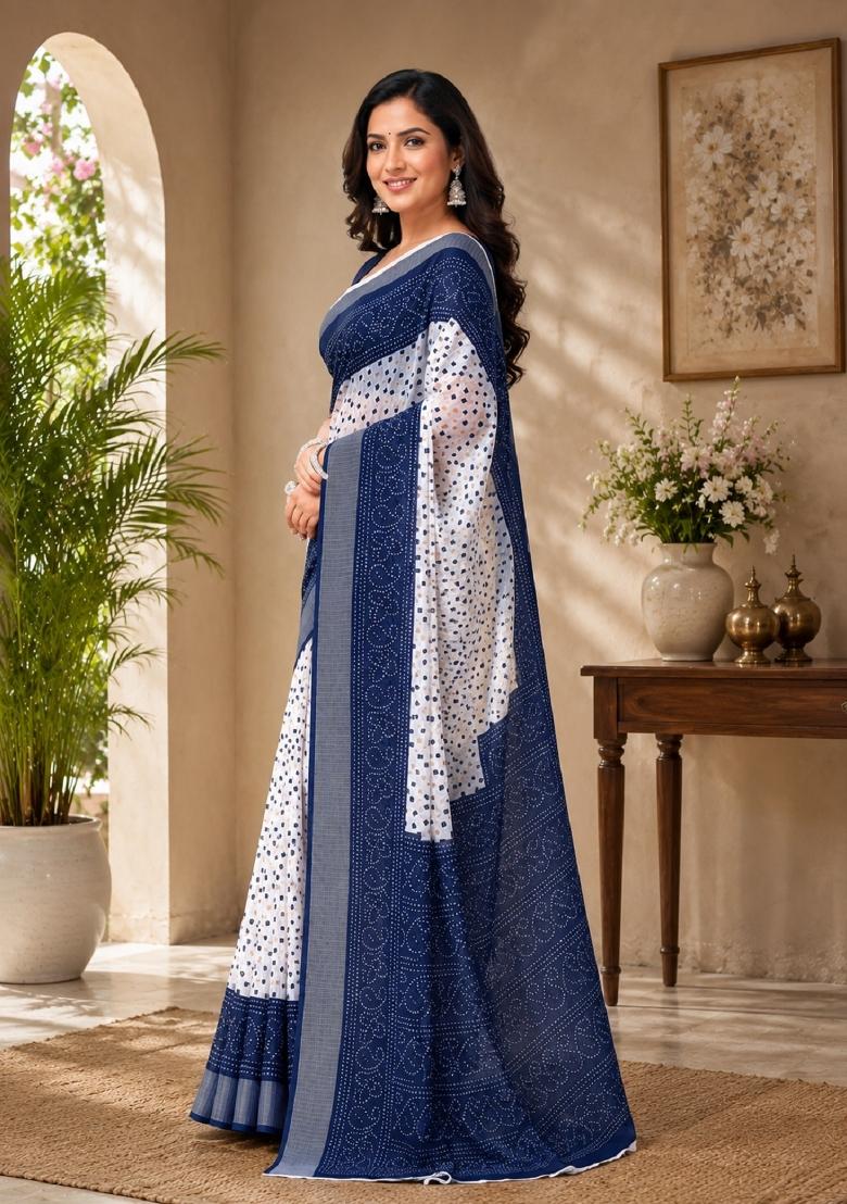 White Printed Linen Saree Set - Indya