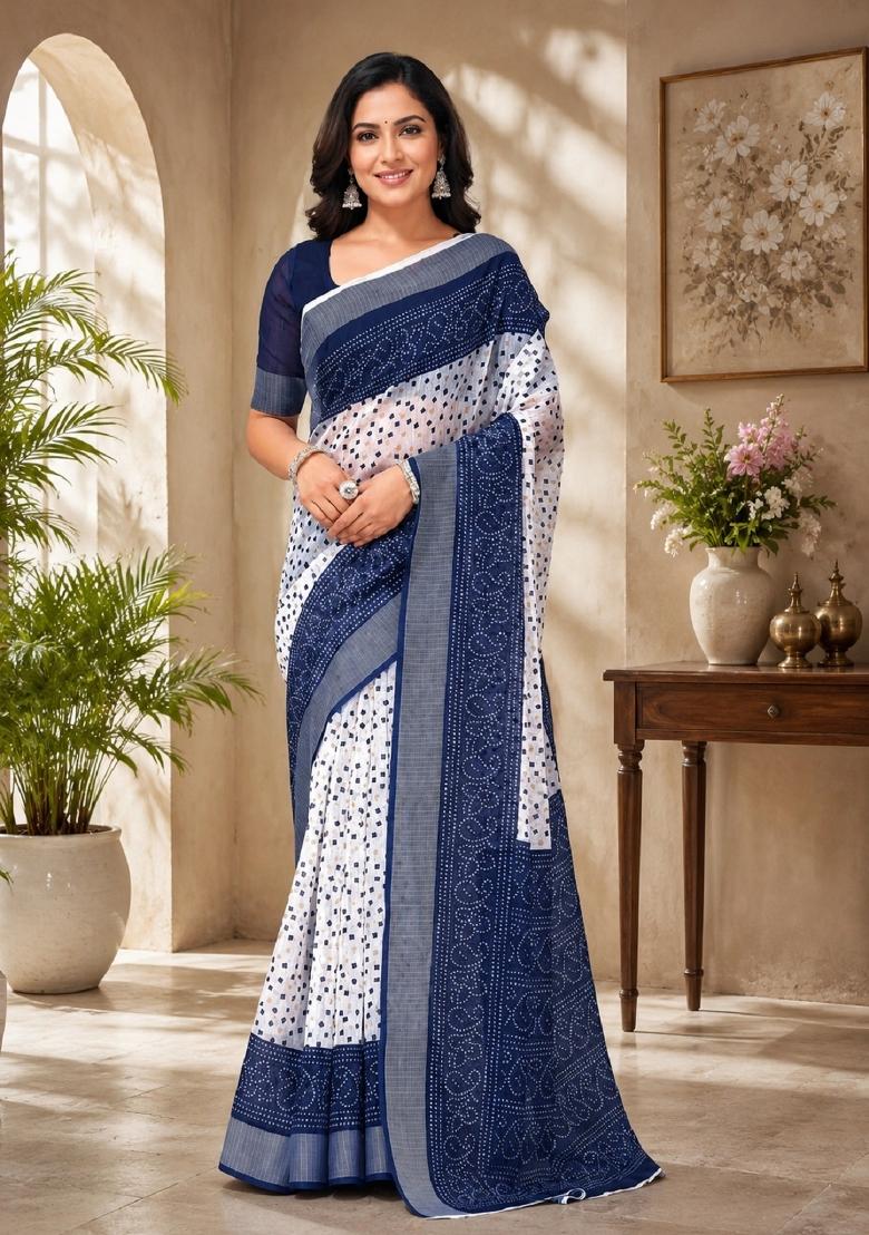 White Printed Linen Saree Set - Indya