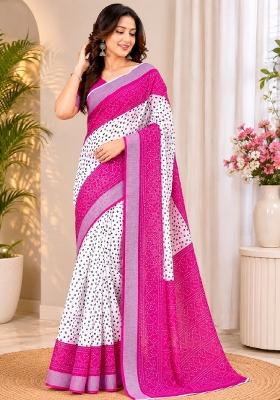 White Printed Linen Saree Set