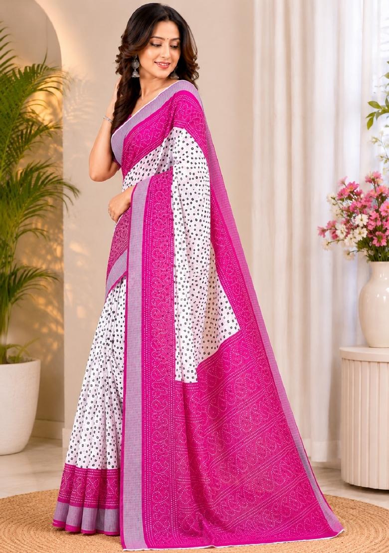 White Printed Linen Saree Set - Indya