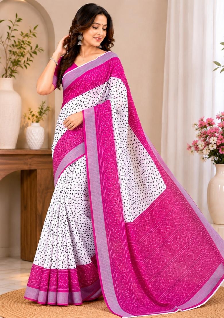White Printed Linen Saree Set - Indya