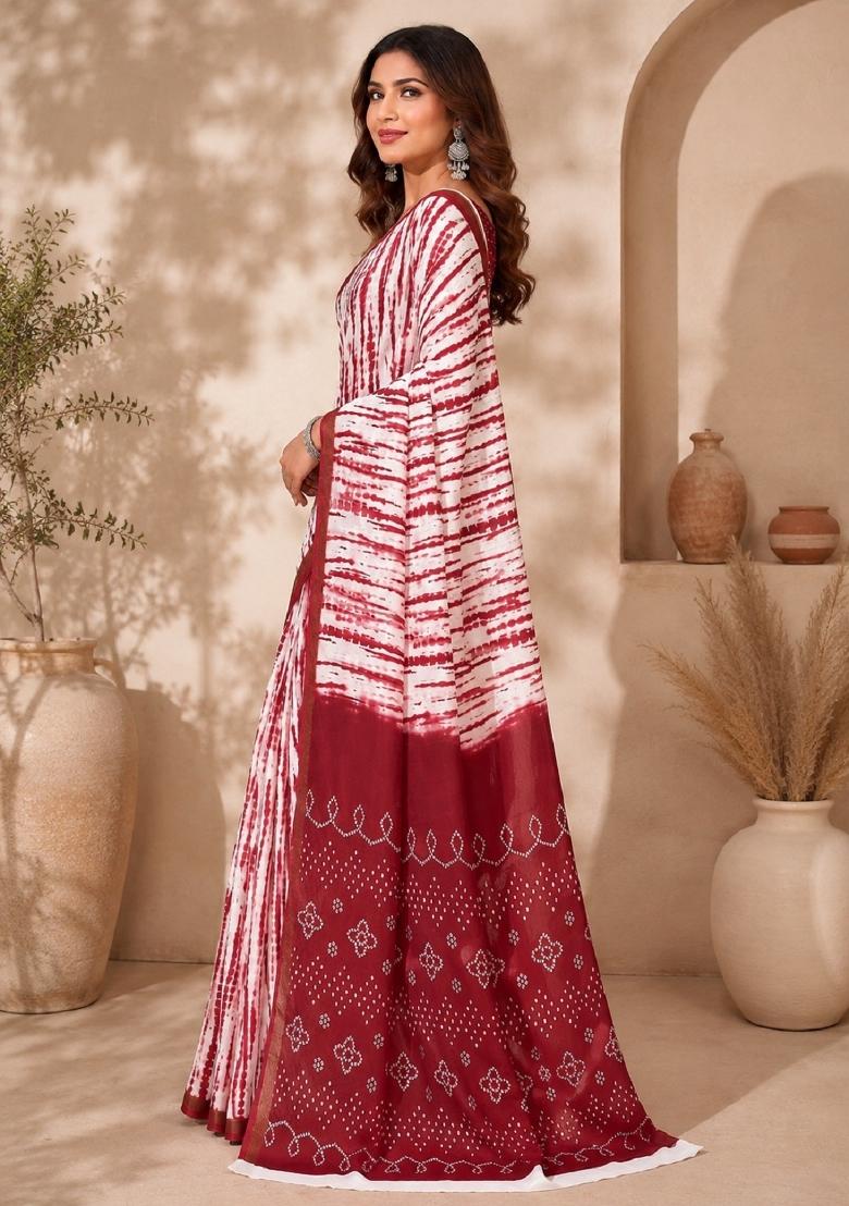 White Printed Linen Saree Set - Indya