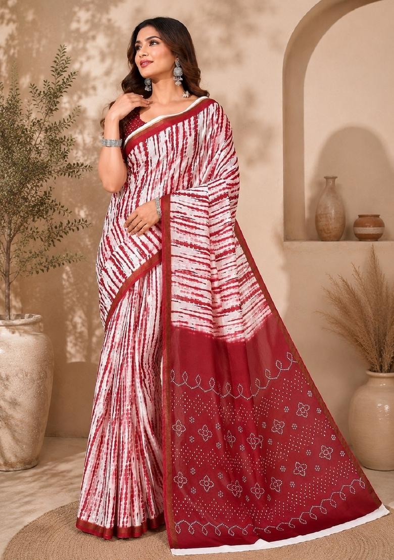 White Printed Linen Saree Set - Indya