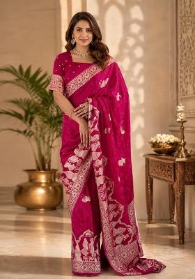 Rani Pink Jacquard Silk Saree Set