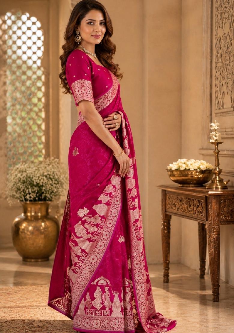 Rani Pink Jacquard Silk Saree Set - Indya