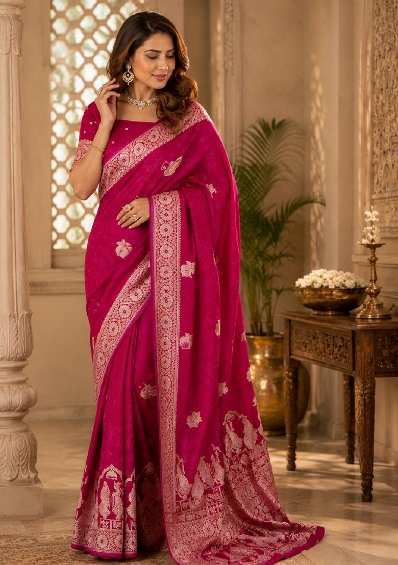 Rani Pink Jacquard Silk Saree Set - Indya