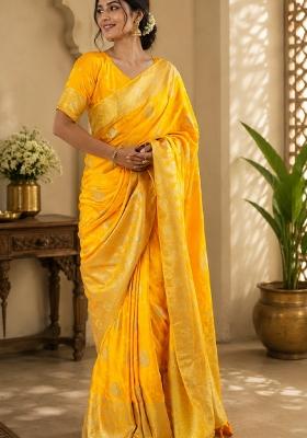 Yellow Jacquard Silk Saree Set