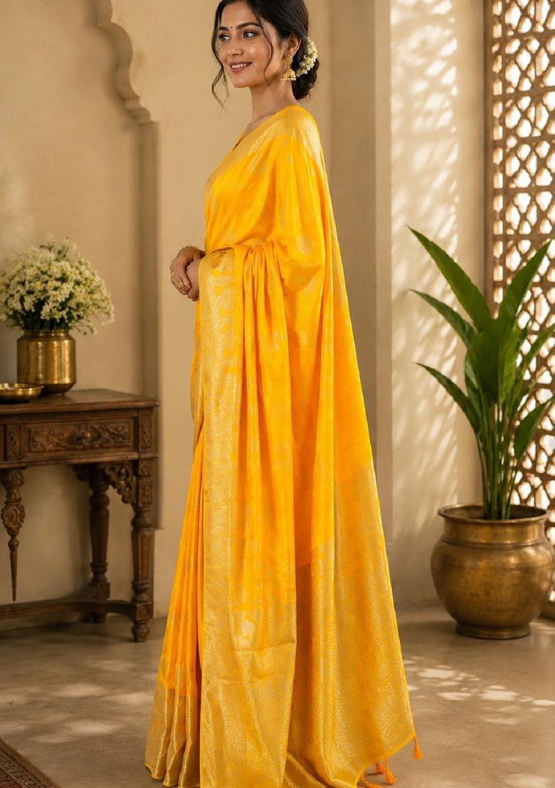 Yellow Jacquard Silk Saree Set - Indya