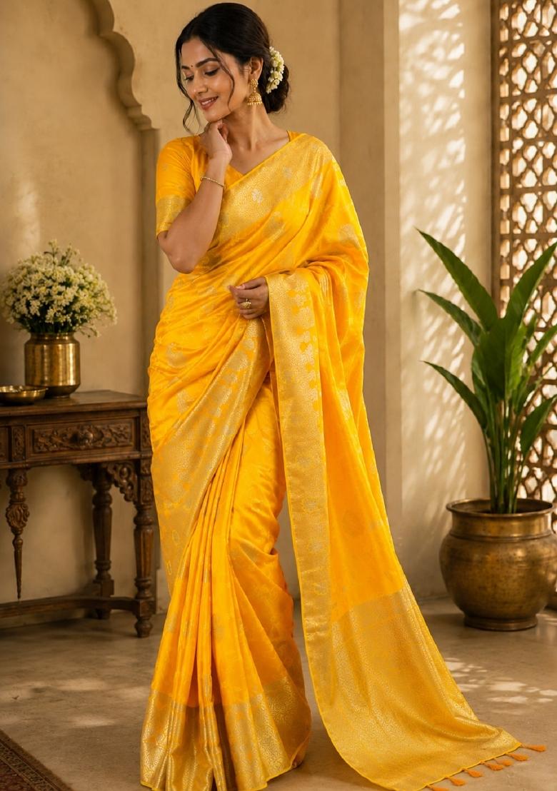 Yellow Jacquard Silk Saree Set - Indya