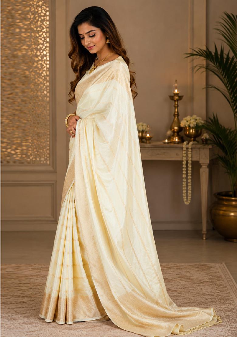 White Jacquard Silk Saree Set - Indya