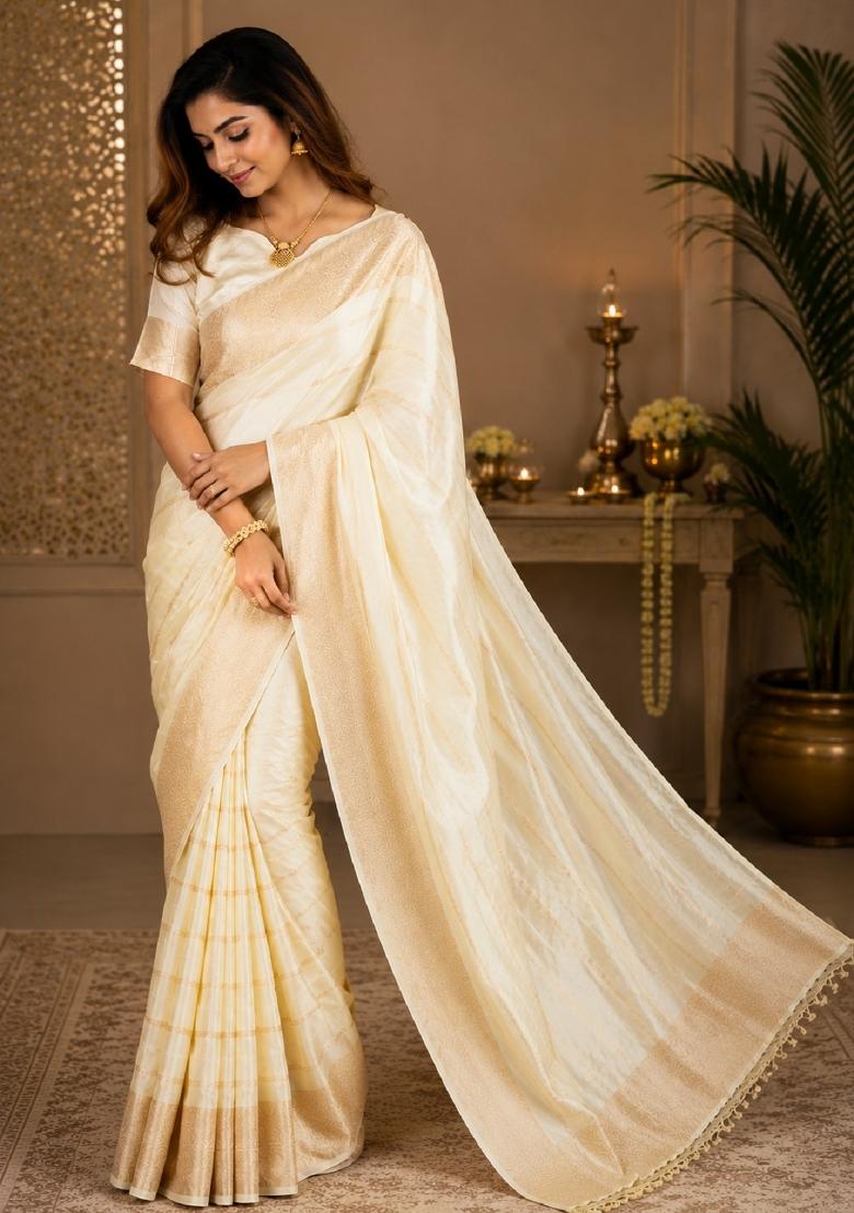 White Jacquard Silk Saree Set - Indya