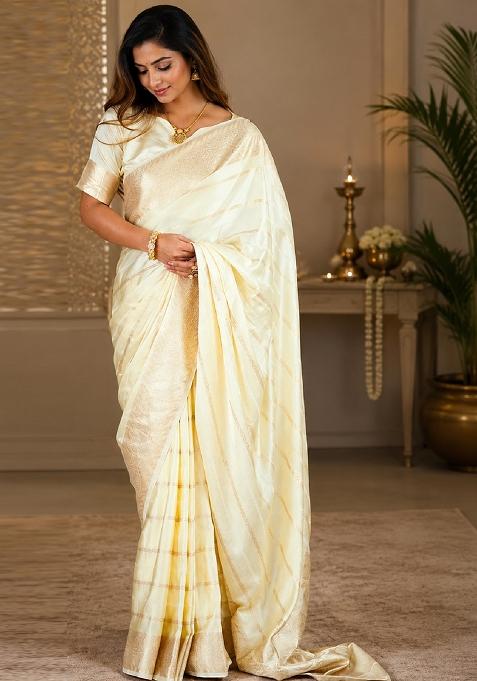 White Jacquard Silk Saree Set