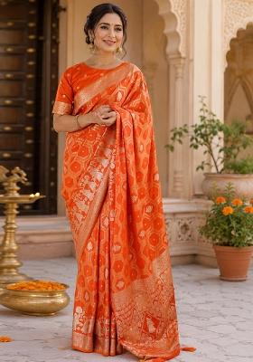 Orange Jacquard Silk Saree Set