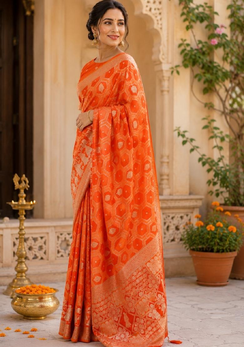 Orange Jacquard Silk Saree Set - Indya