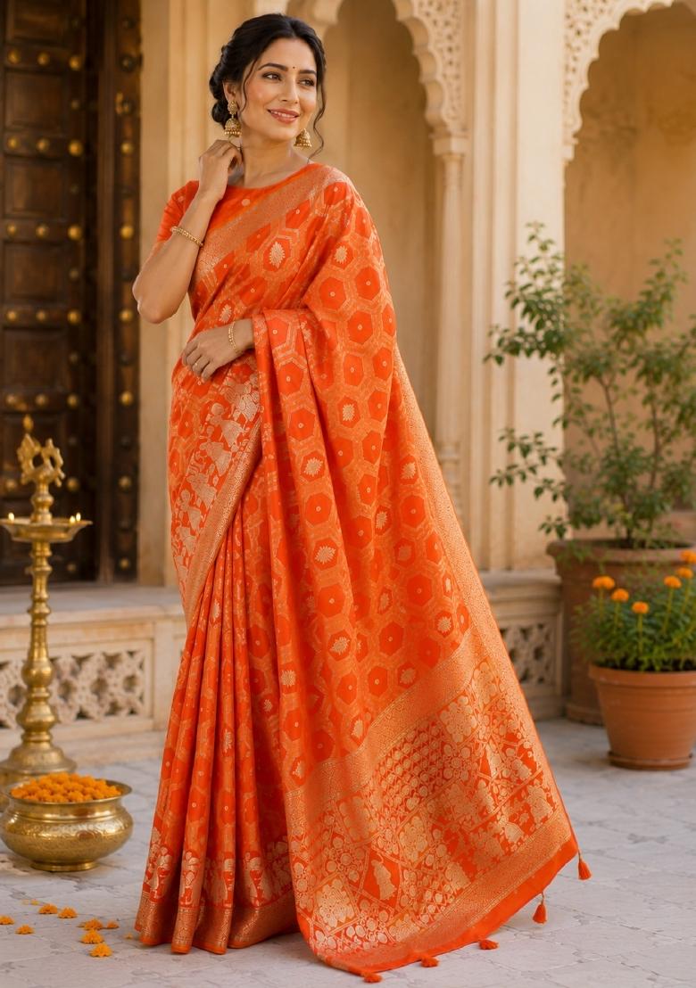 Orange Jacquard Silk Saree Set - Indya