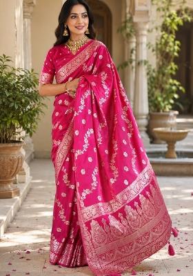 Pink Jacquard Silk Saree Set