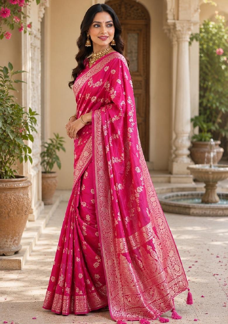 Pink Jacquard Silk Saree Set - Indya