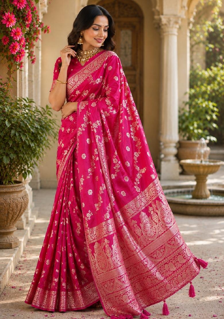 Pink Jacquard Silk Saree Set - Indya