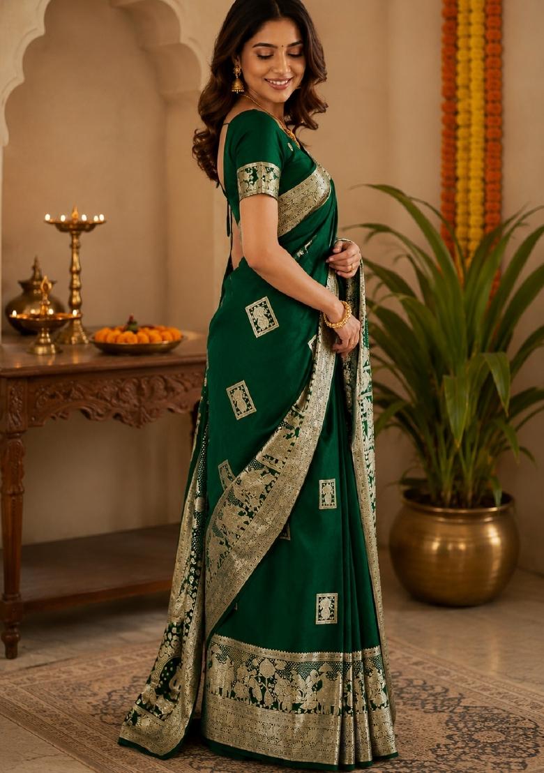 Green Jacquard Silk Saree Set - Indya