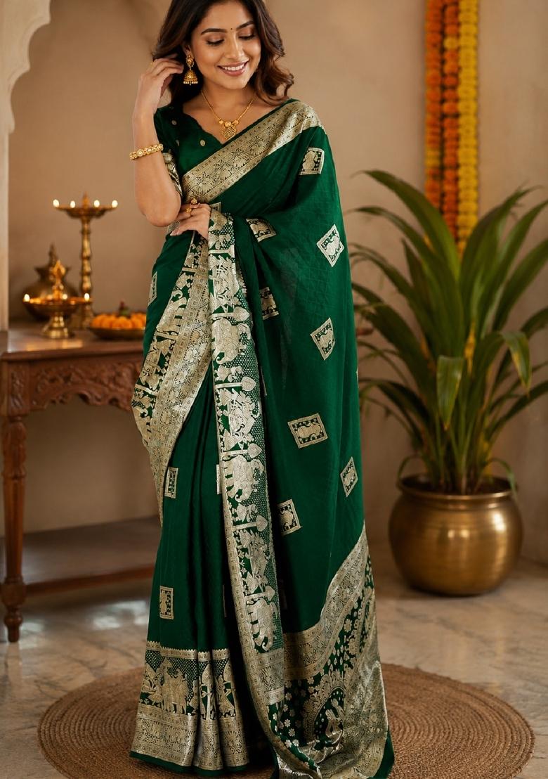 Green Jacquard Silk Saree Set - Indya
