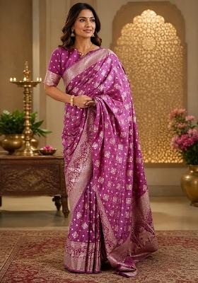 Purple Jacquard Silk Saree Set