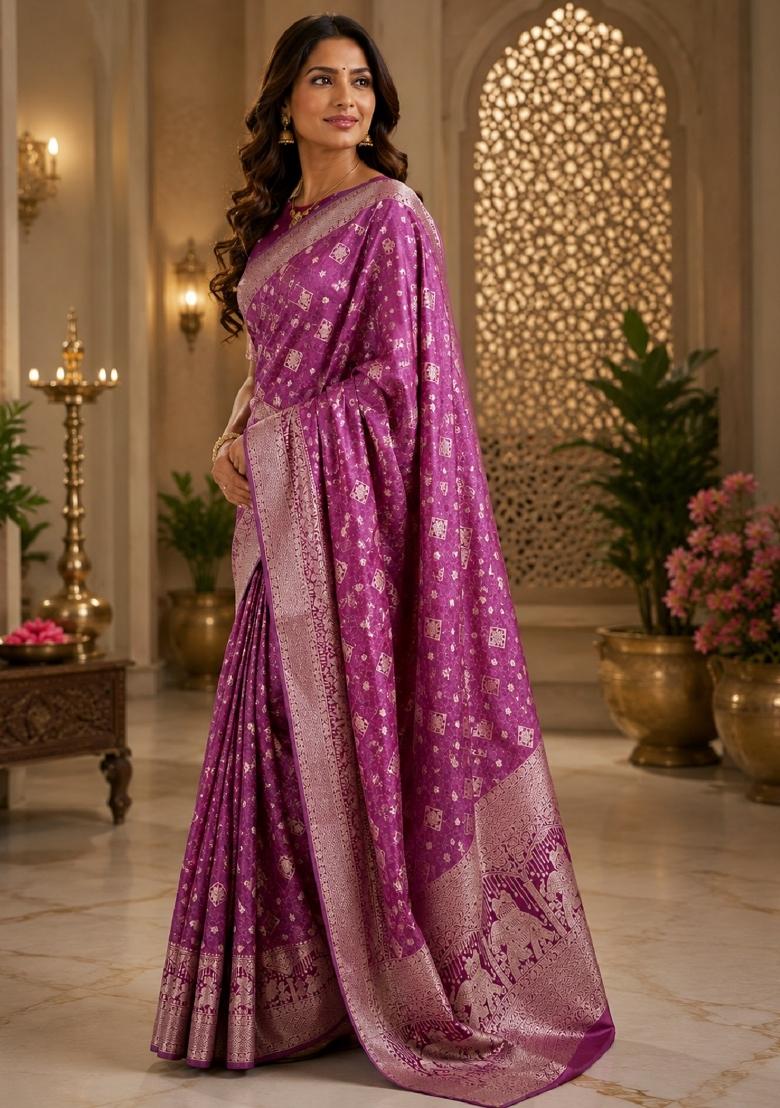 Purple Jacquard Silk Saree Set - Indya