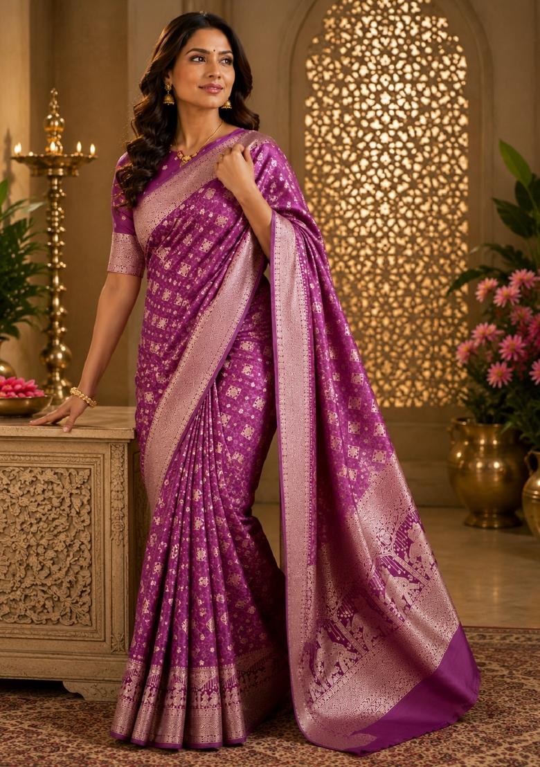 Purple Jacquard Silk Saree Set - Indya