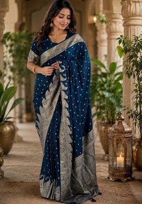 Blue Jacquard Silk Saree Set