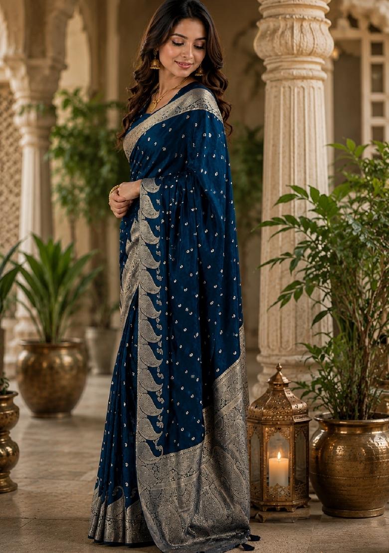 Blue Jacquard Silk Saree Set - Indya