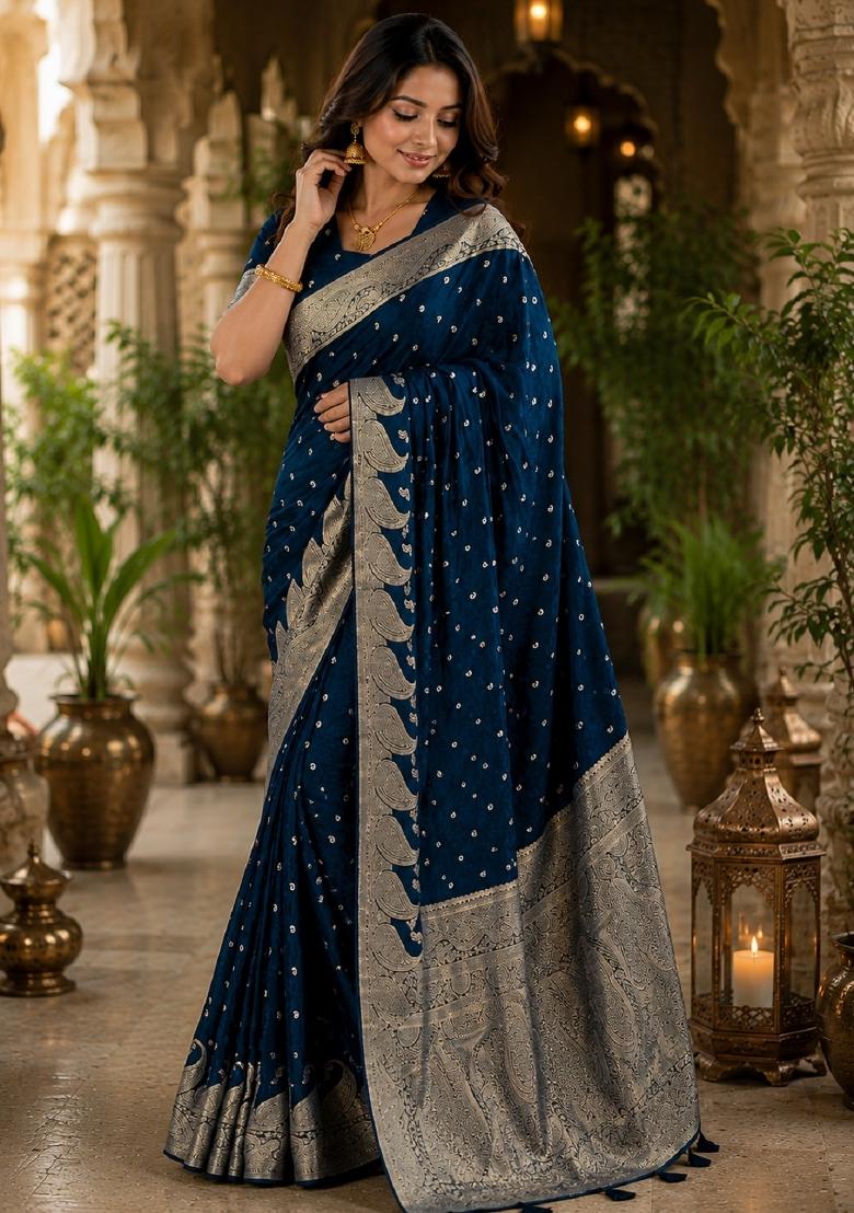 Blue Jacquard Silk Saree Set - Indya