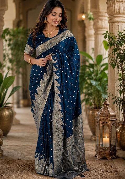 Blue Jacquard Silk Saree Set
