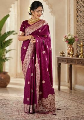 Wine Jacquard Silk Saree Set