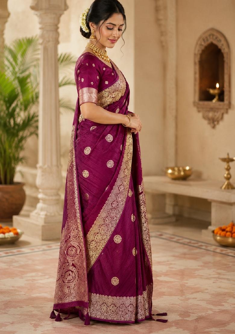 Wine Jacquard Silk Saree Set - Indya