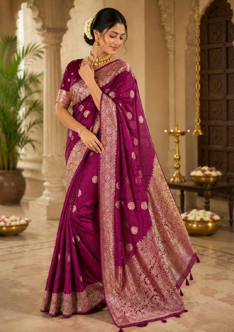Wine Jacquard Silk Saree Set - Indya