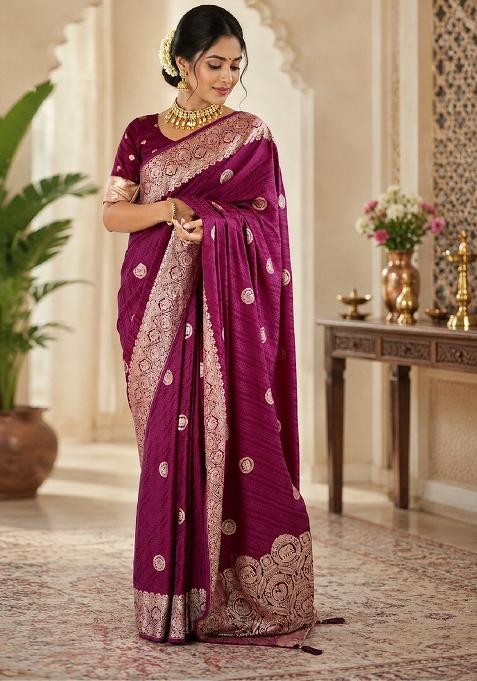 Wine Jacquard Silk Saree Set