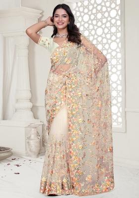 Cream Embroidered Net Saree Set