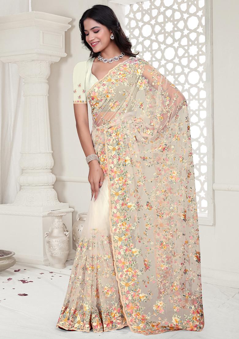 Cream Embroidered Net Saree Set - Indya
