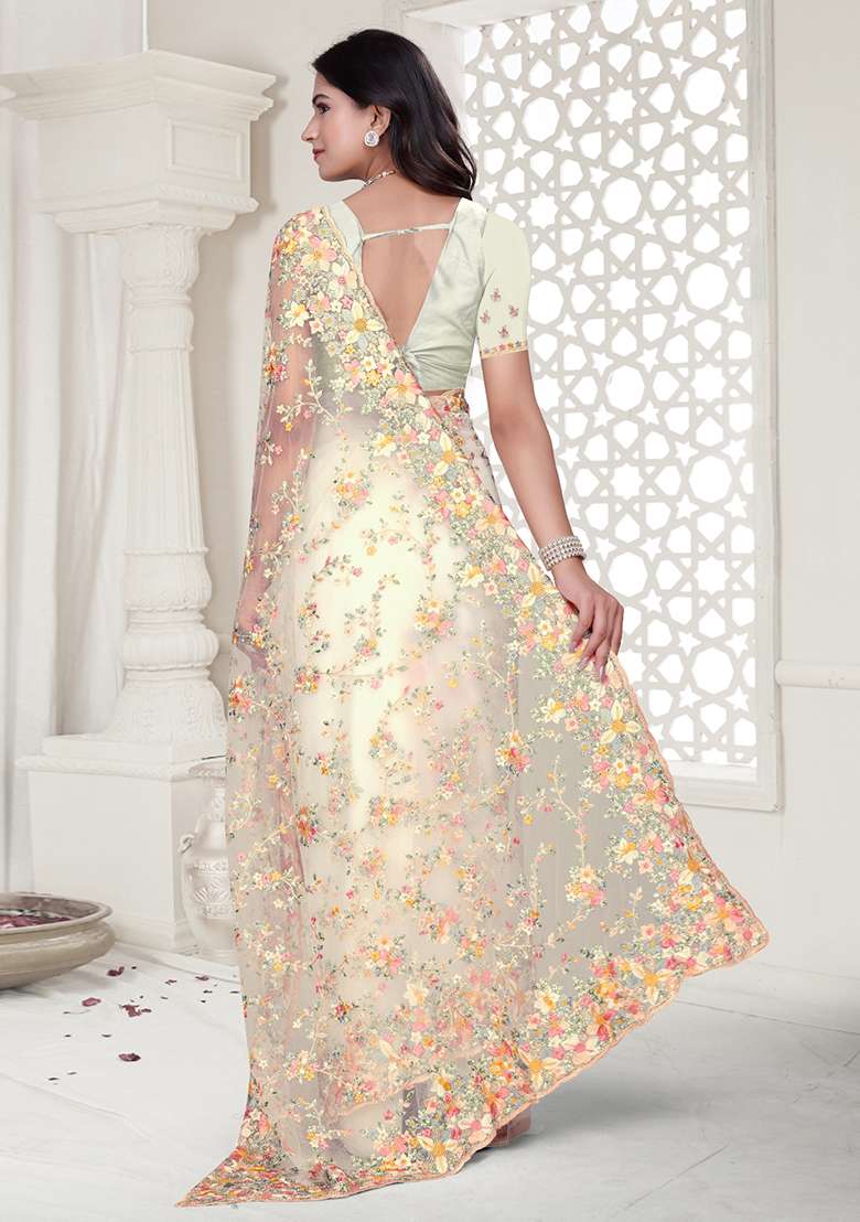 Cream Embroidered Net Saree Set - Indya