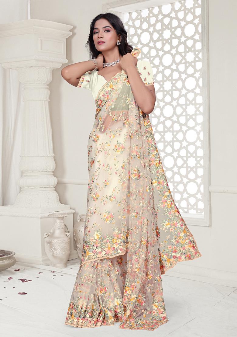 Cream Embroidered Net Saree Set - Indya