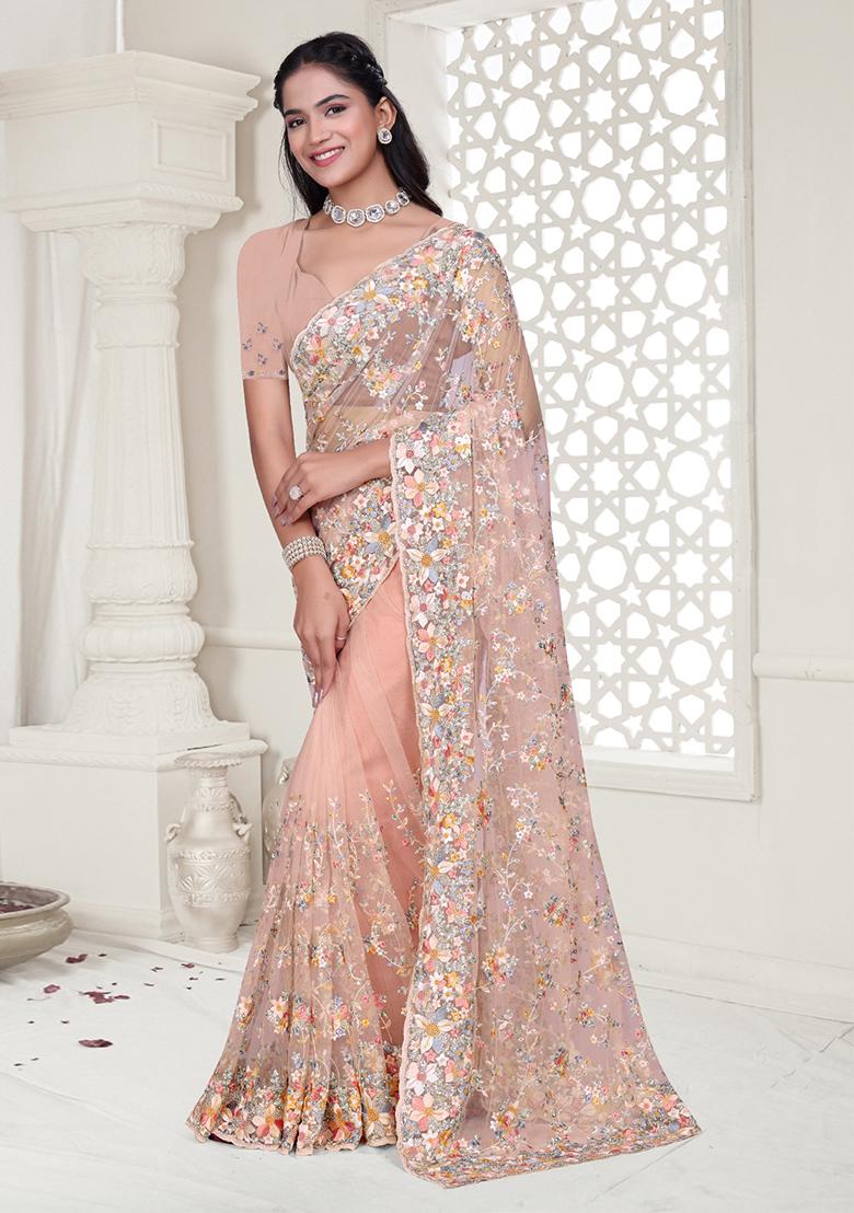 Peach Embroidered Net Saree Set - Indya
